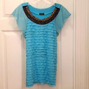 Cocomo gorgeous beaded ruffled top with sheer sleeves